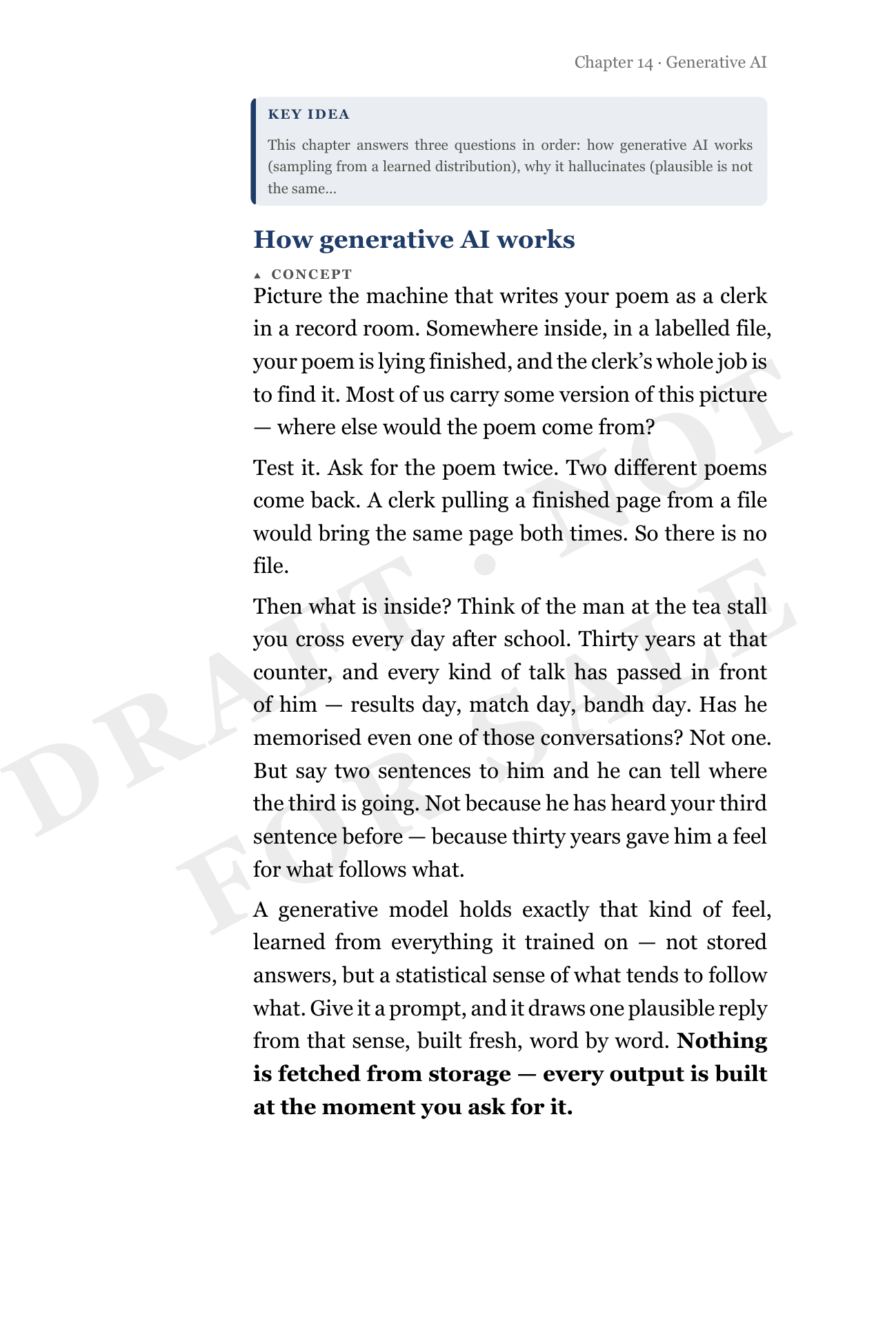 A page from the Class 9 Generative AI chapter’s draft print layout (not yet released): the clerk-in-a-record-room and tea-stall-man passages, the same words the Teacher card quotes.
