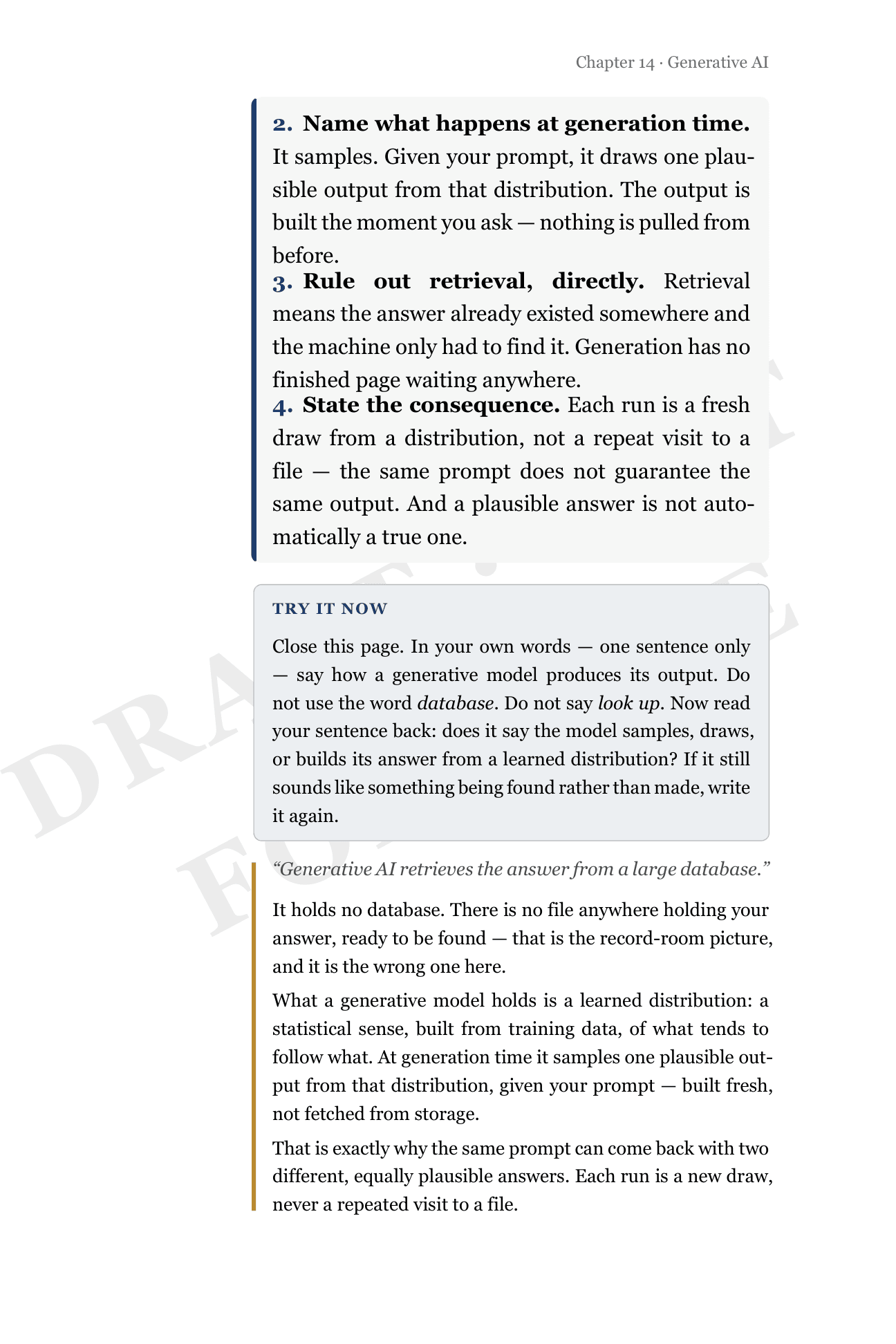 A page from the same chapter’s draft print layout, showing the drill’s steps 2 through 4. Then a boxed ‘Try it now’ exercise reads: ‘In your own words, one sentence only, say how a generative model produces its output — without using the word database’. It is the same instruction this page’s rep card quotes.