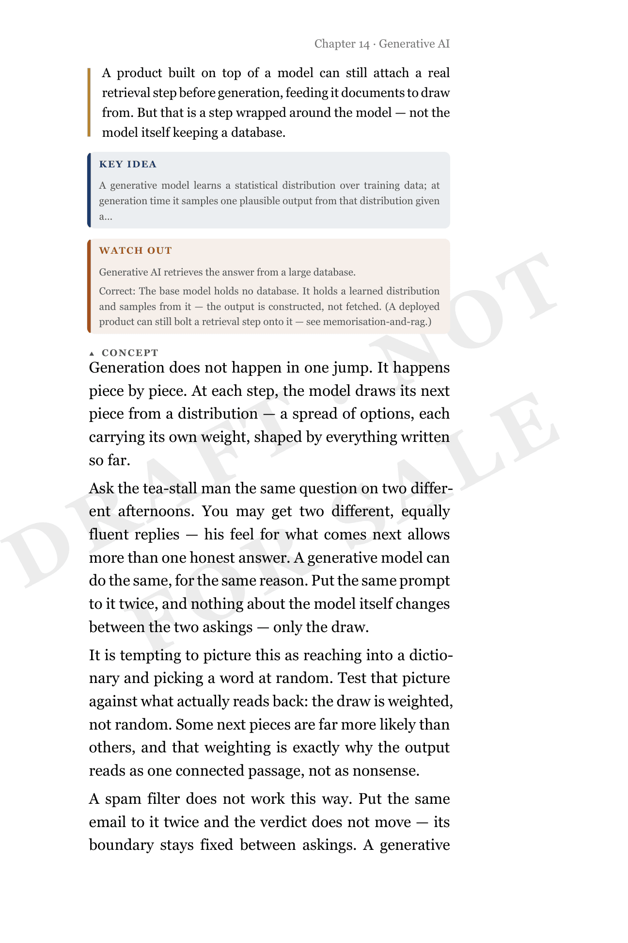 A page from the same chapter’s draft print layout: the watch-out box reading ‘Generative AI retrieves the answer from a large database,’ corrected directly beneath it.