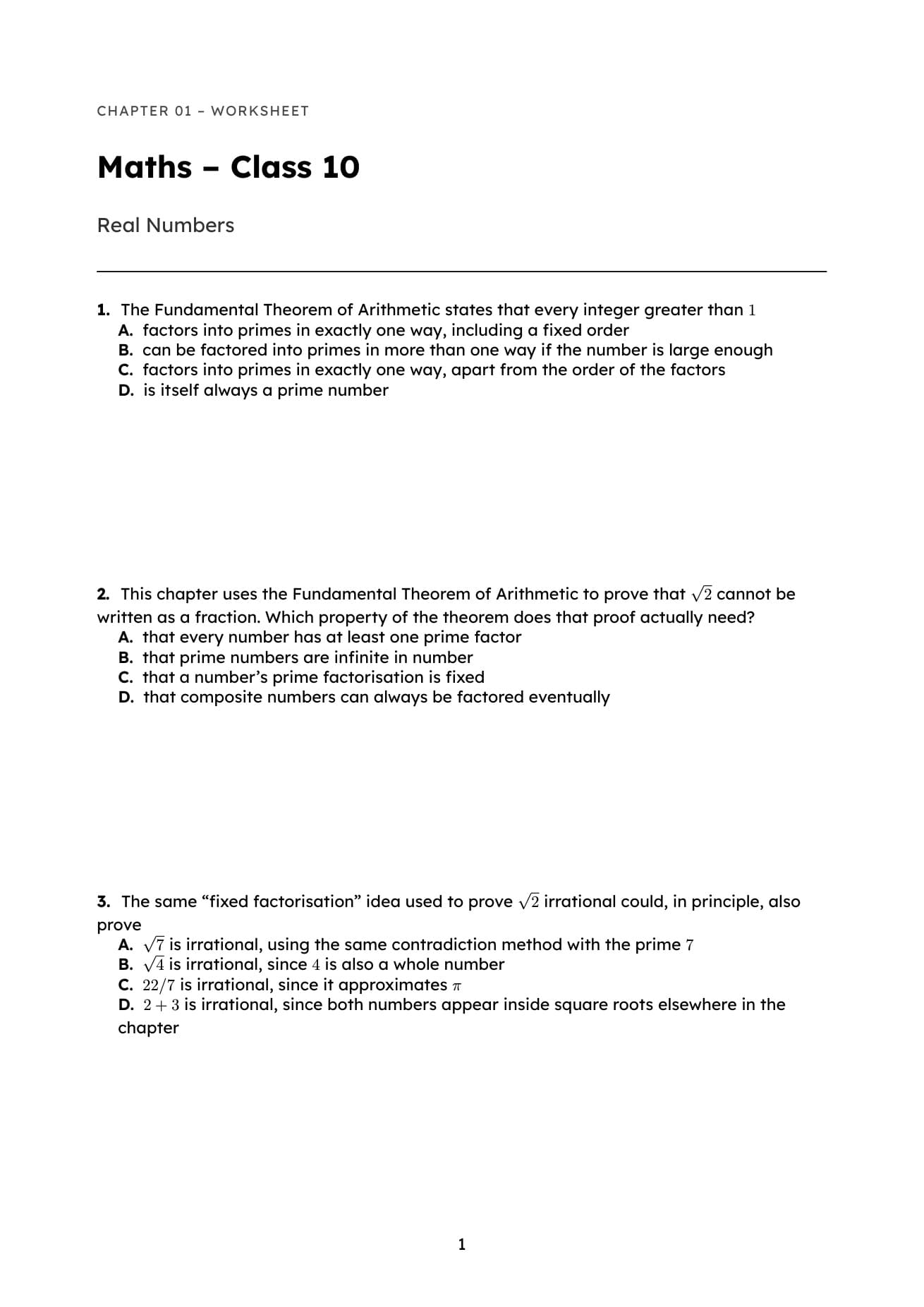 5. Worksheet — Class 10 Mathematics, Chapter 1 (Real Numbers), as it exists today.