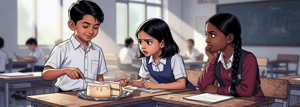 A boy has just cut a small cake into two uneven halves and looks pleased. A girl beside him points at the smaller slice. A third girl, Meera, watches from the next desk.