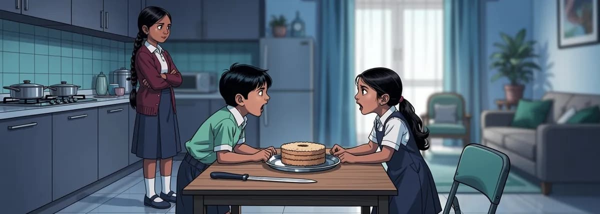 Two young cousins reach for one cake and a knife at their grandparents’ house. Meera watches from a little apart, thinking.