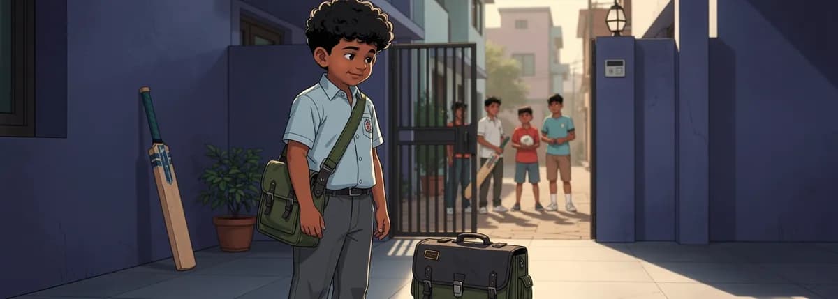Kabir stands between a cricket bat and an open school bag, looking from one to the other. Boys wait for a match through the gate behind him.