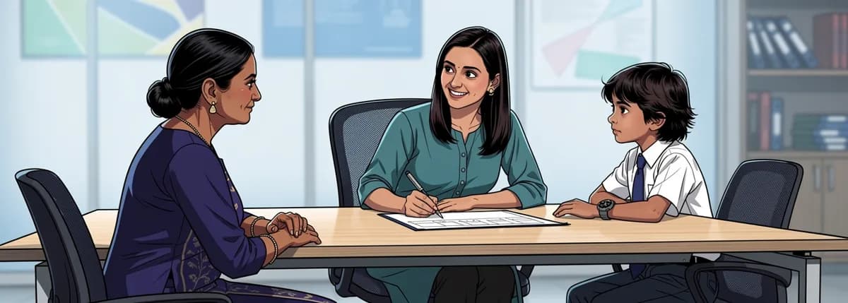 A coaching-centre counselor taps a price chart, smiling warmly, while a mother and her son listen. Arjun, beside them, watches her face rather than the chart.