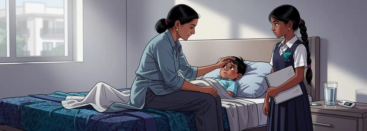 Amma sits on the edge of Ammu’s bed with her palm on his forehead. Nila stands at the foot of the bed with her notebook under her arm, watching.