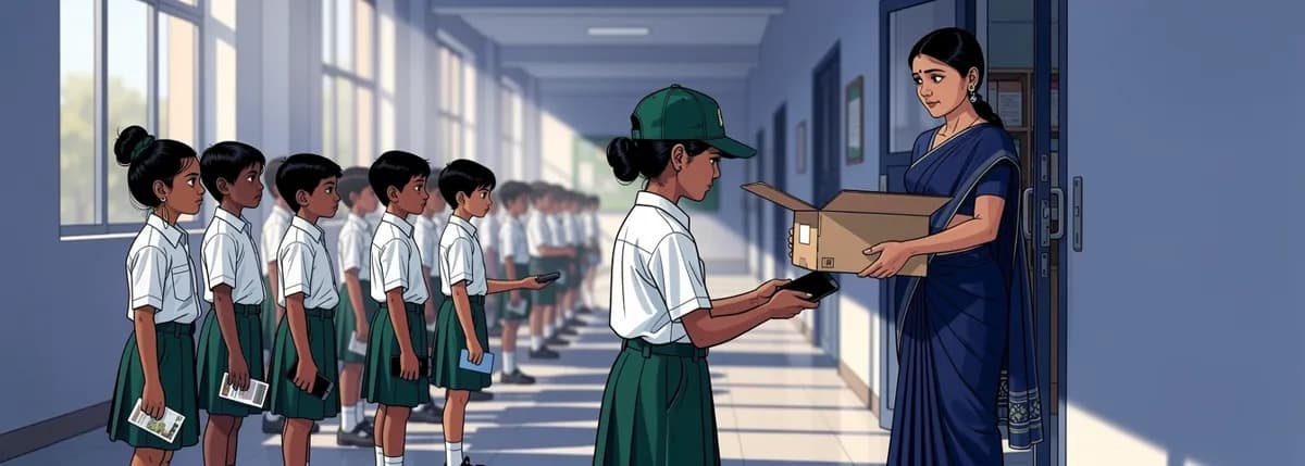 A teacher holds an open box by a classroom door while children in a line drop phones into it. Tara stands in the line with her card, watching.