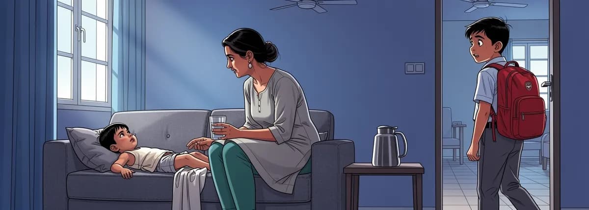 Veer lies limp on the sofa with dry lips. Mummy sits on the edge with a steel glass. Dhruv stands in the doorway with his backpack, looking back at his brother.