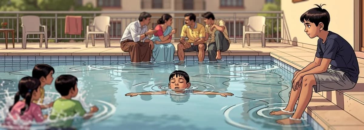 A society pool. Grown-ups sit at the far edge talking. Veer is upright in the water with his head tipped back and his arms flat on the surface. Dhruv on the steps turns to look.