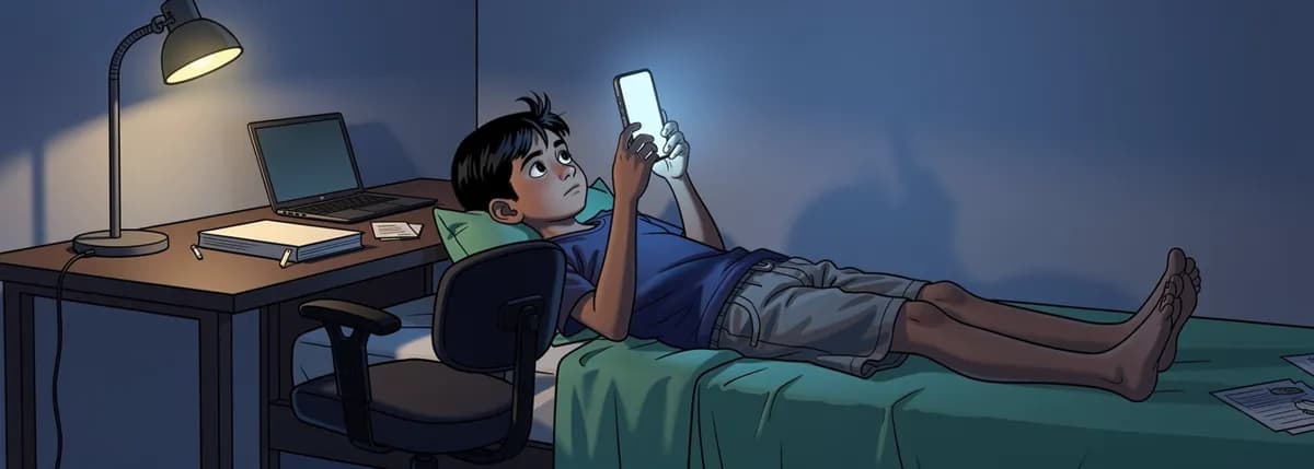 A room at night with one lamp on. The school reader lies shut on the desk with the bookmark still near the front. Dhruv is back across the bed with the phone above his face, the chair empty behind him.