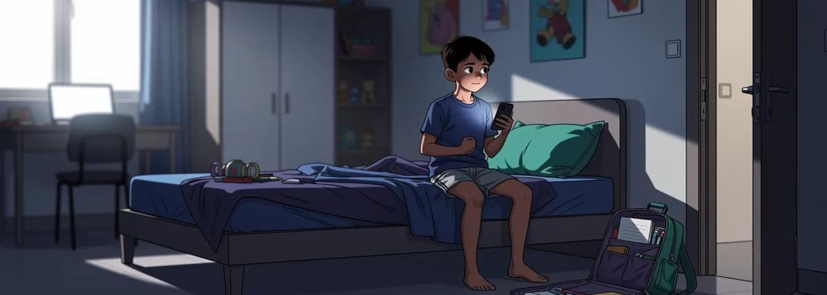 Aarav sits on the edge of his bed with his thumb mid-tap on a phone, already half turned toward the door, a school bag open on the floor beside him.