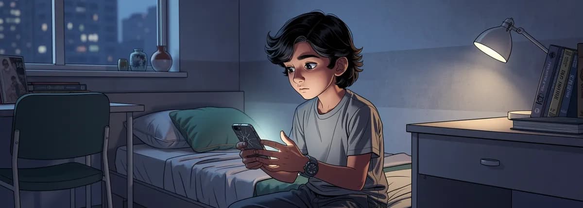 Arjun sits on his bed with an old phone, a crack across one corner, frowning at its screen.