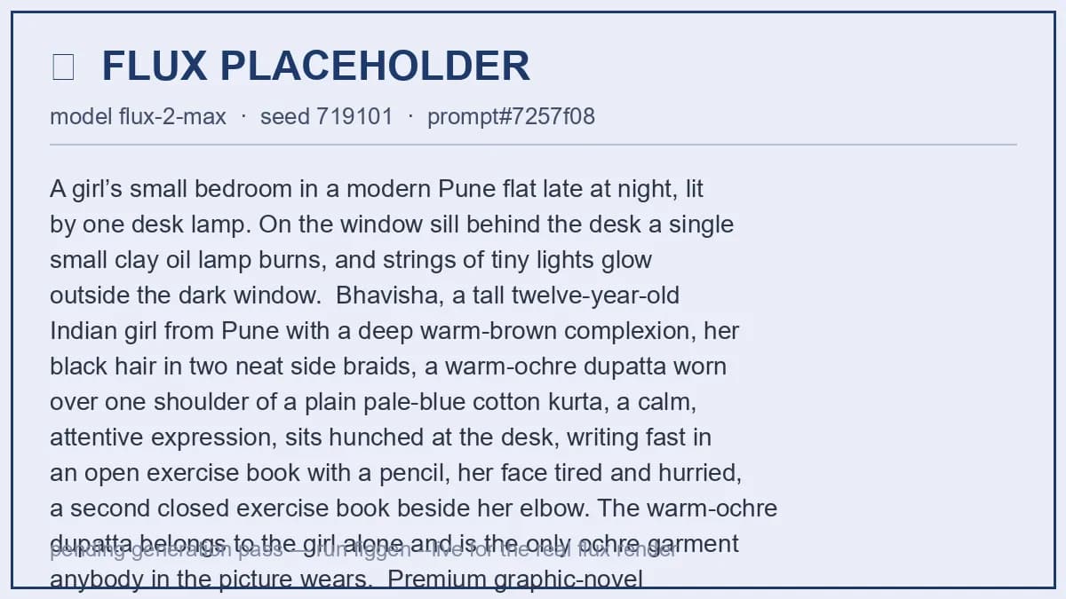 Late on the last night of the holiday, Bhavisha writes fast at her desk under a lamp; a small oil lamp burns on the window sill.