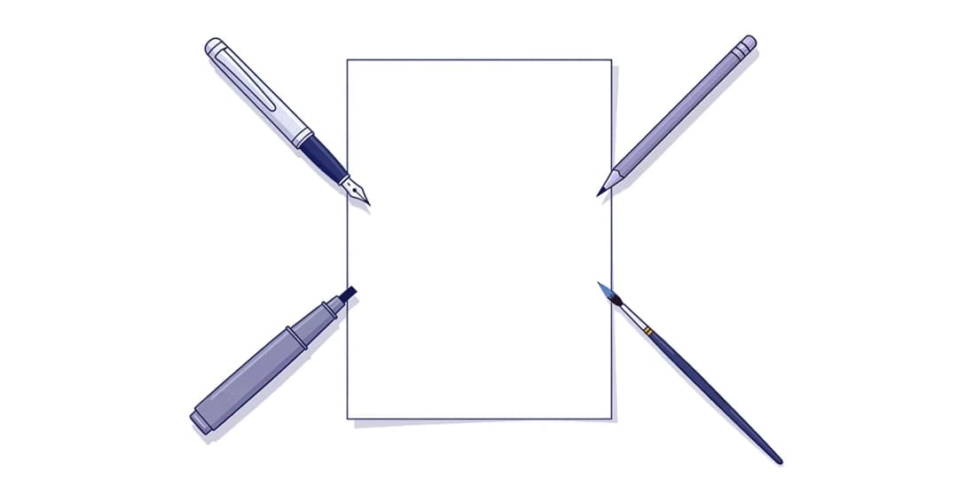 One blank sheet of paper with four writing tools pointing at it: a fountain pen, a pencil, a felt marker and a paintbrush