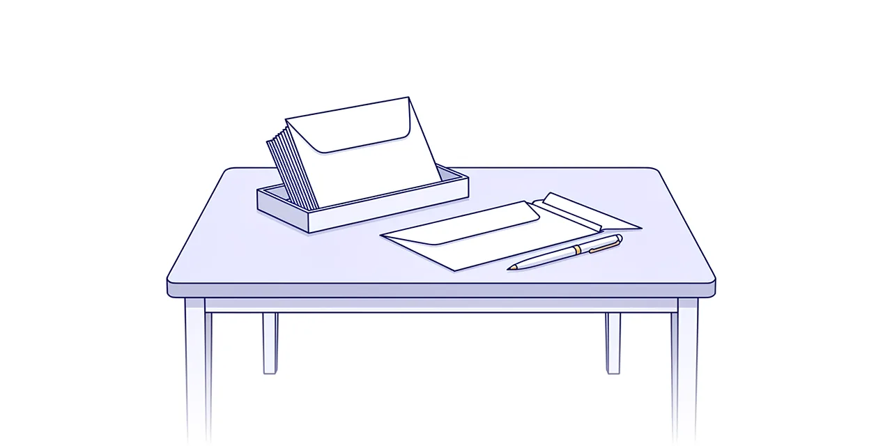 A desk with a letter tray of envelopes, one envelope opened and lying flat, and a pen beside it