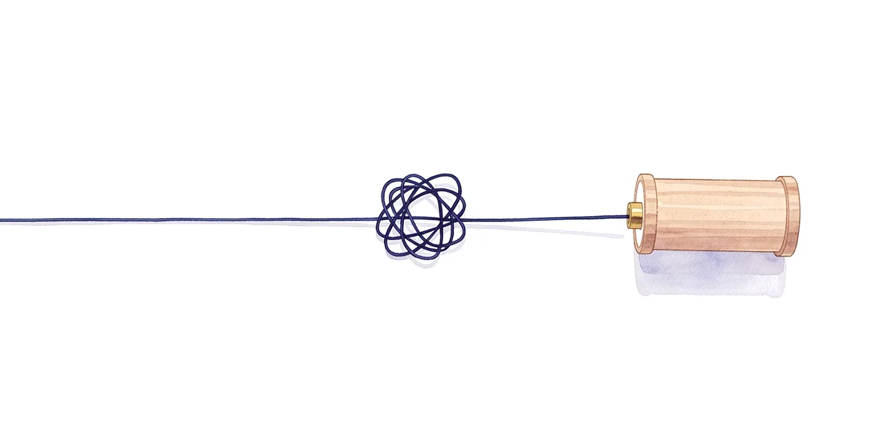 a tangled knot in a thread that runs on straight to a wooden spool