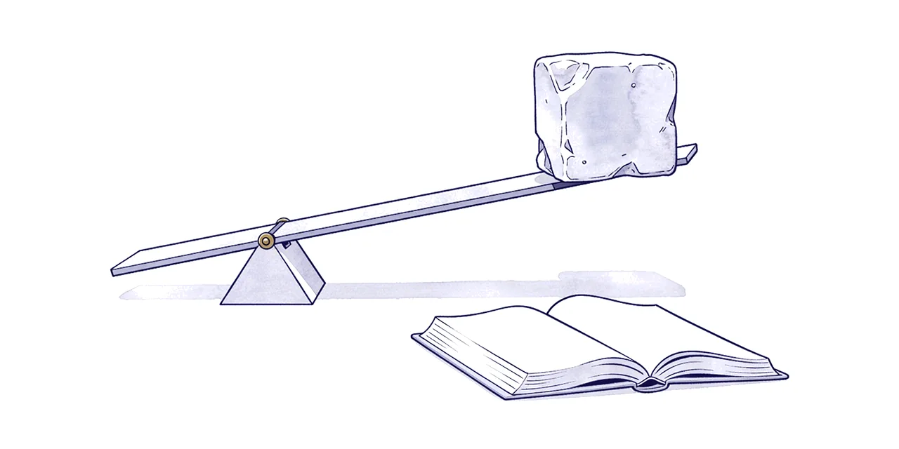 a plank lever on a small fulcrum lifting a stone block, an open book below