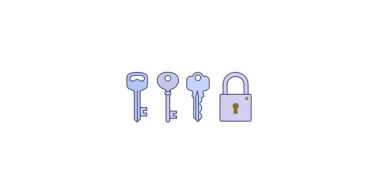 three keys of different shapes in a row beside one closed padlock