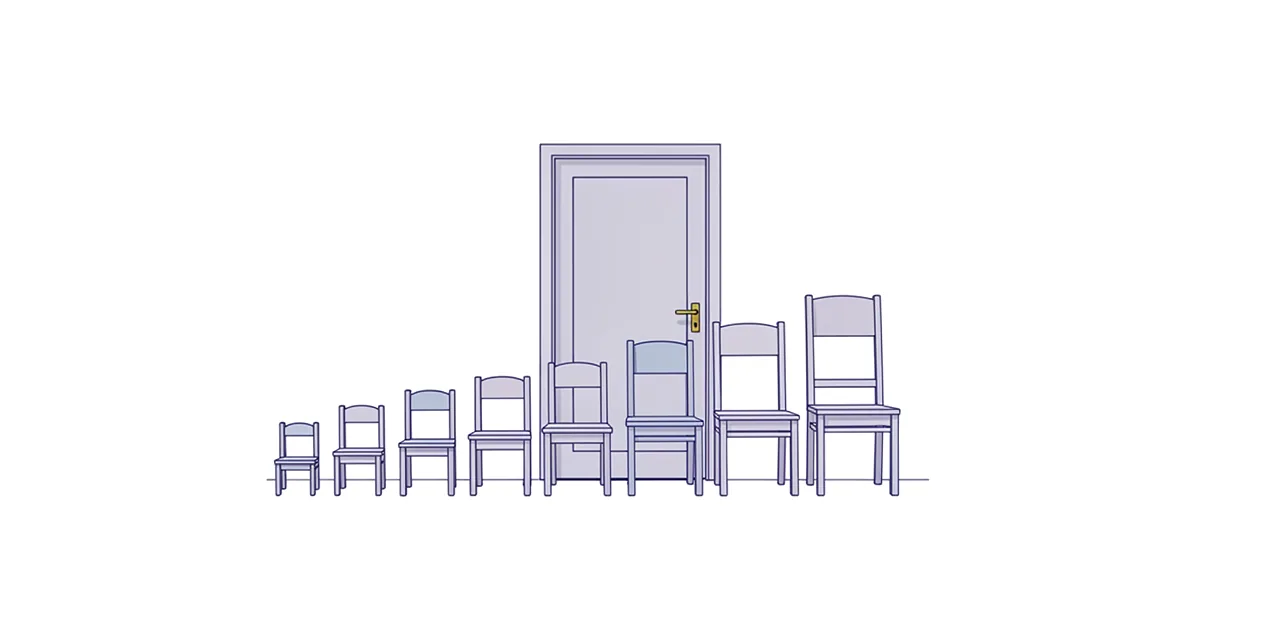 a row of chairs rising from very low to tall in front of one closed door