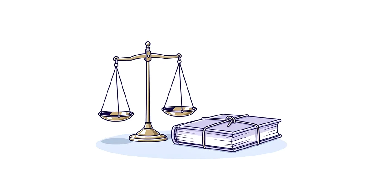 a brass balance scale with its pans level beside an old book tied with cord