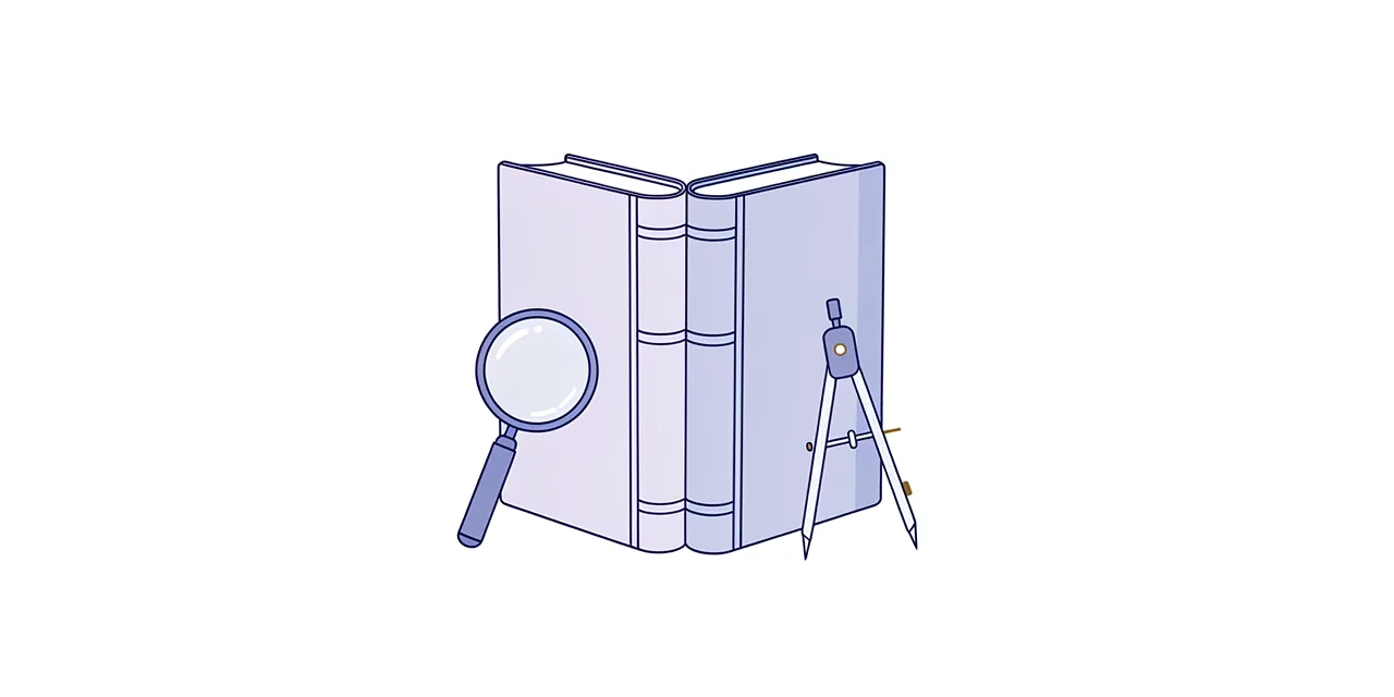 two books standing side by side, a magnifying glass leaning on one and a drawing compass on the other