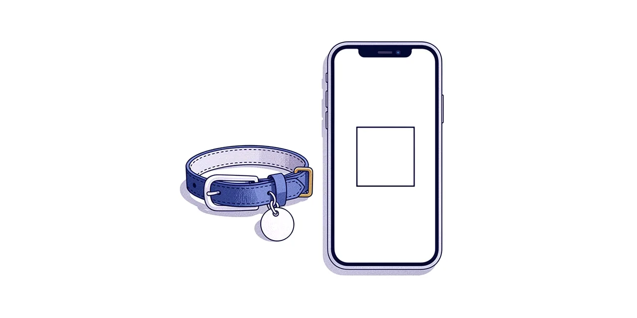 a dog collar with a blank round tag beside a phone whose screen shows only an empty square frame