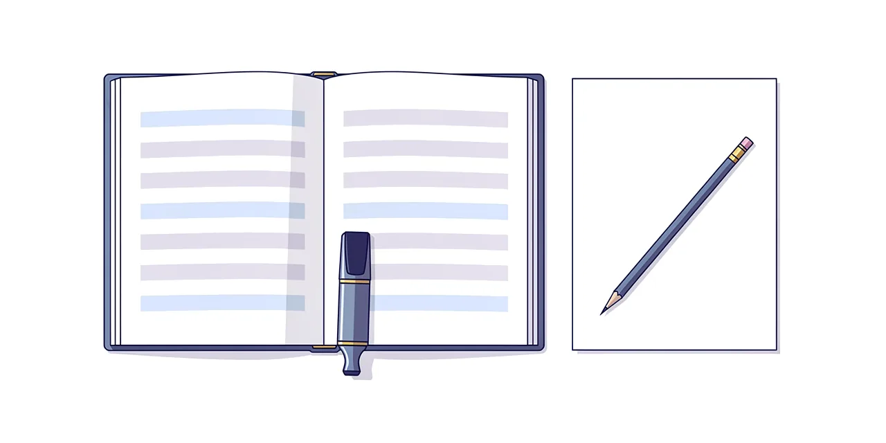 an open book striped with highlighter and a highlighter pen, beside a blank sheet and a pencil