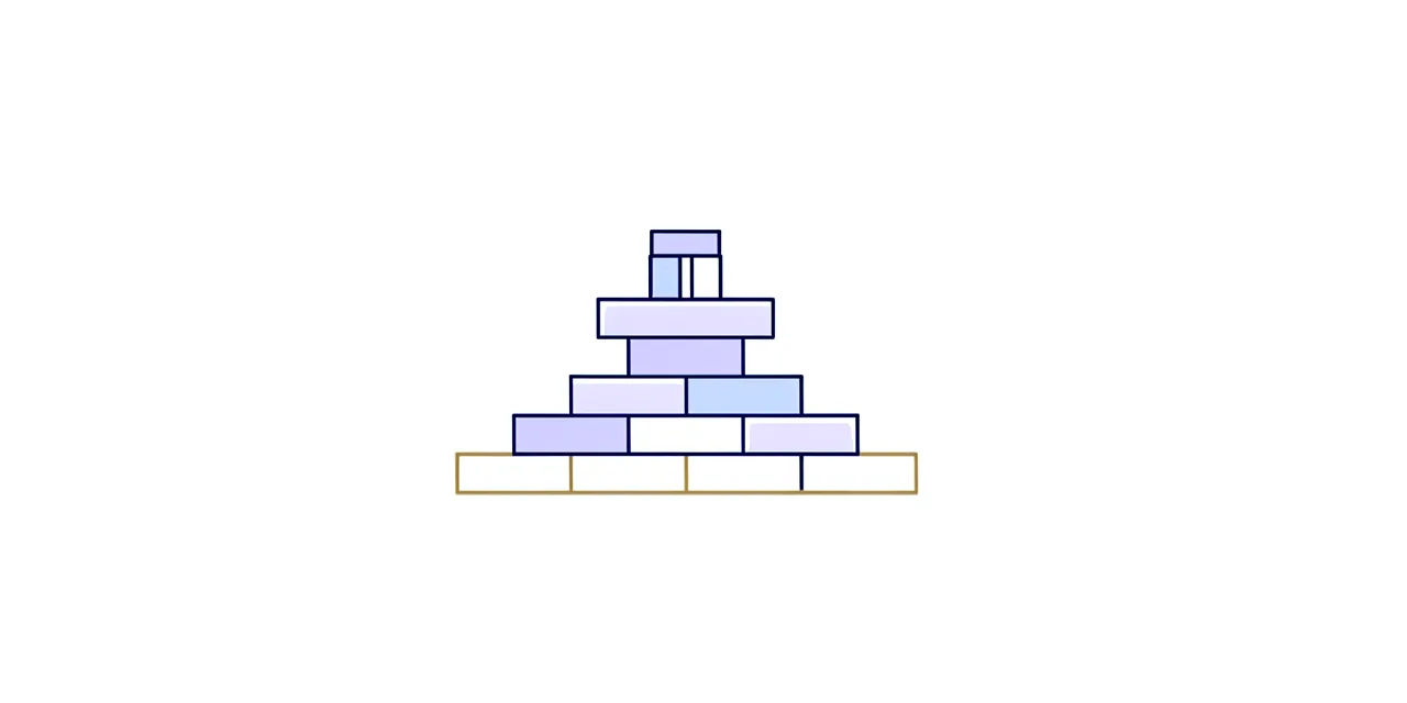 a small tower of blocks standing on a wide foundation row outlined in gold