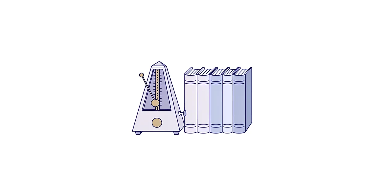 a metronome with its arm mid-swing beside a row of identical books