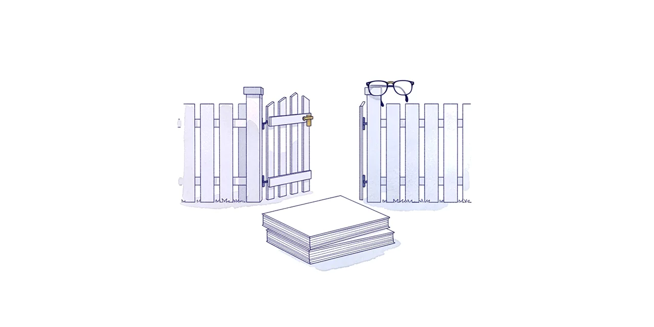 an open gate in a white picket fence, reading glasses on a post and a stack of blank pages on the ground