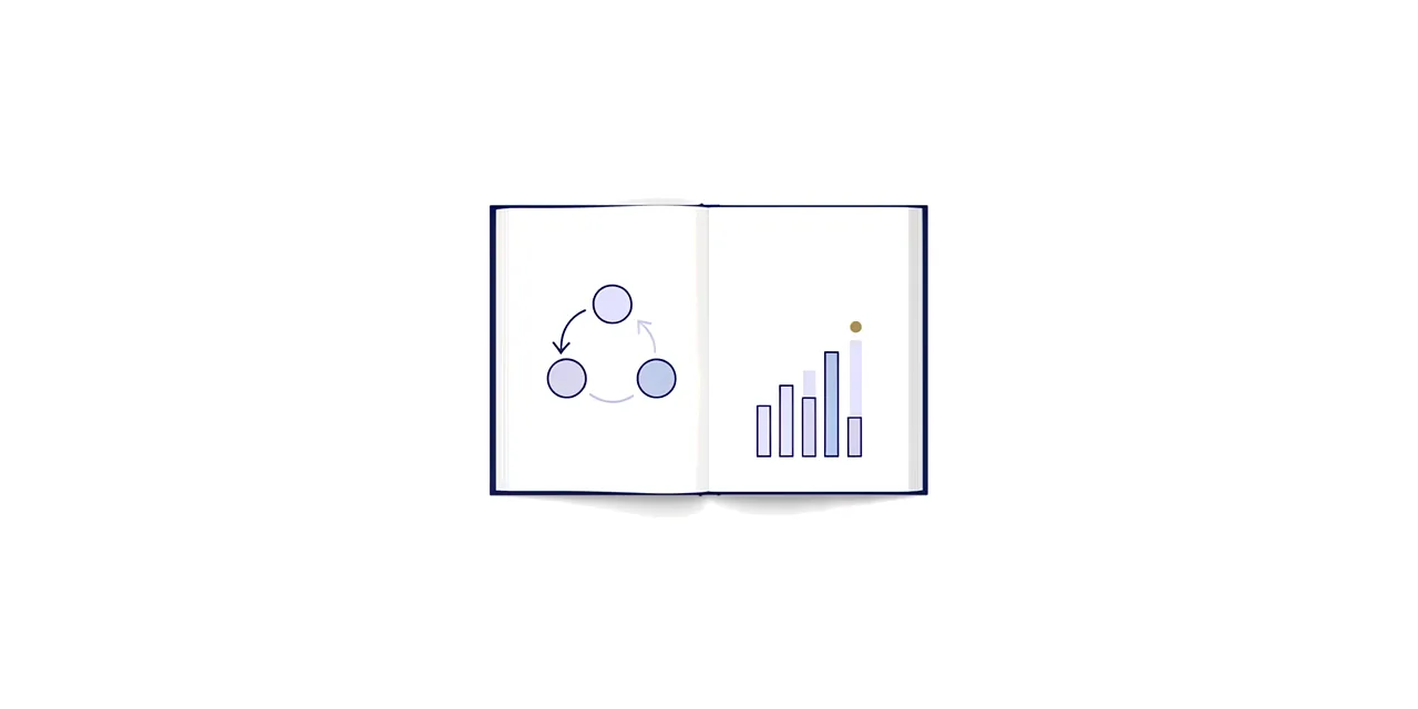 an open book with one simple diagram on each page, three joined circles and a small bar chart