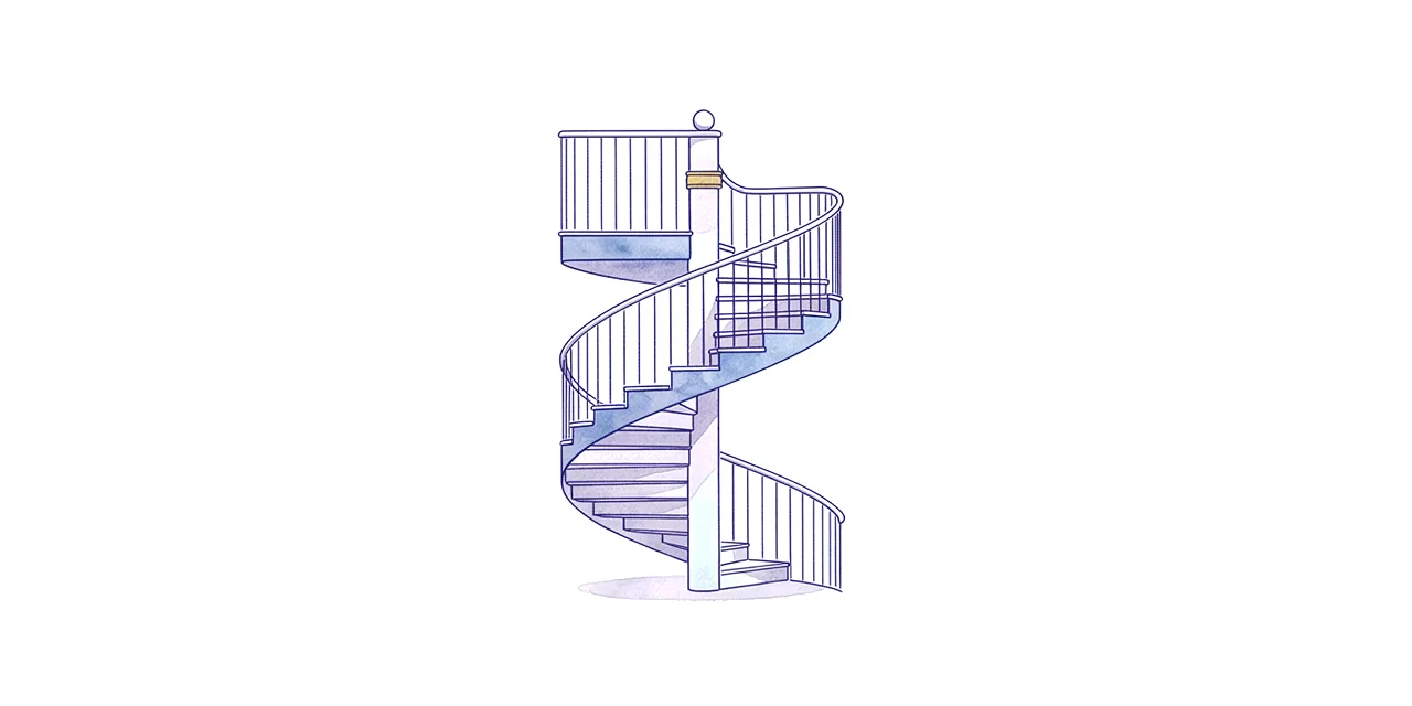 a spiral staircase making two full turns, one above the other