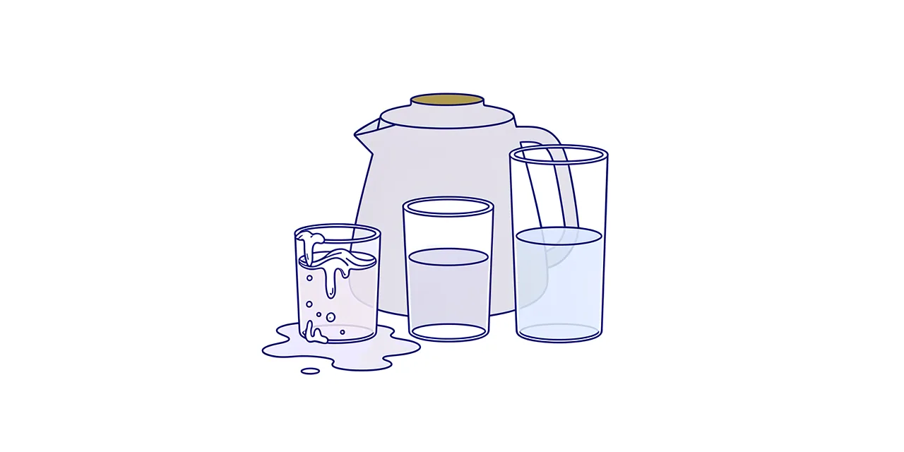 a jug beside three glasses of different sizes, the smallest one overflowing onto the table